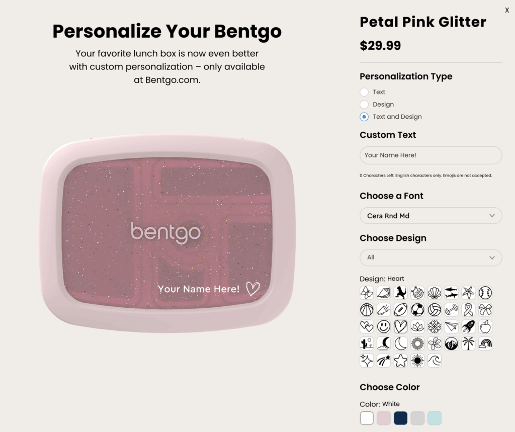 Screenshot of Bentgo kids customization website to personalize your child's lunch box with their name, text style, and design