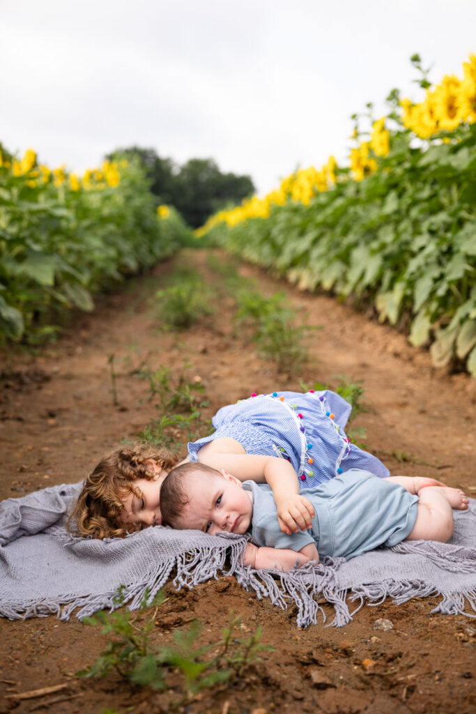 Toddler girl and baby brother lay on a blanket in a row of sunflowers at Dorothea Dix Park in Raleigh