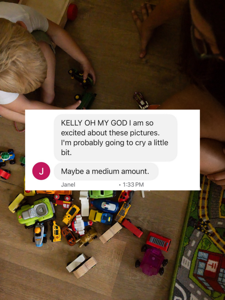 Screenshot of a family photography client sharing positive feedback about her documentary family photo session with the text, "KELLY OH MY GOD I am so excited about these pictures. I'm probably going to cry a little bit. Maybe a medium amount."